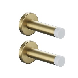 JQK Door Stopper Gold, 304 Stainless Steel Thicken 1mm Sound Dampening Door Stop Bumper Wall Protetor 2 Pack, Brushed Gold Black Tip, DSB5-WG-P2