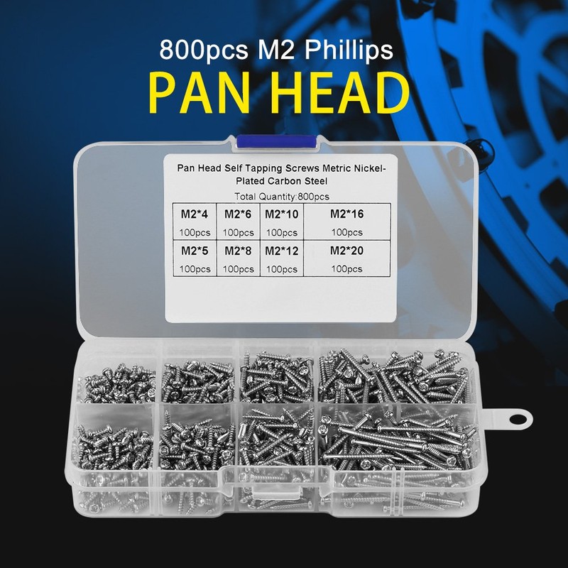 Akozon 800pcs M2 Round Head Self Tapping Screw, Carbon Steel