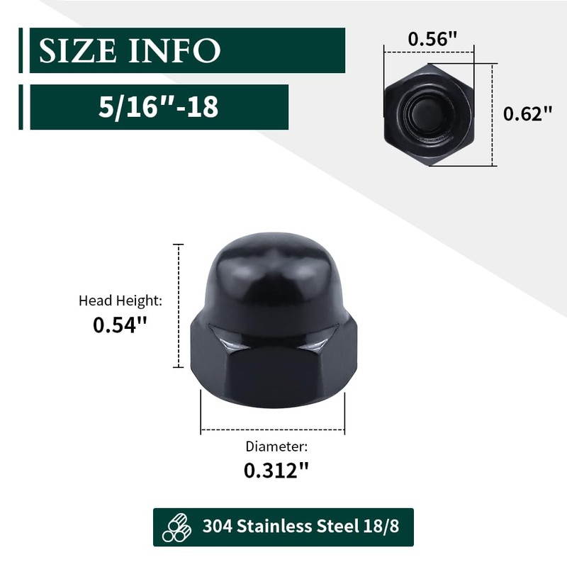 5/16"-18 Hex Head Acorn Cap Nuts, 304 Stainless Steel 18-8