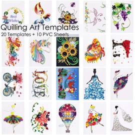 Rancco 20 Pcs Quilling Paper Stencils + 10 Pcs PVC Sheets, A4 Quilling Art Template Paper Filigree Pattern Origami Template, Wall Art Filigree