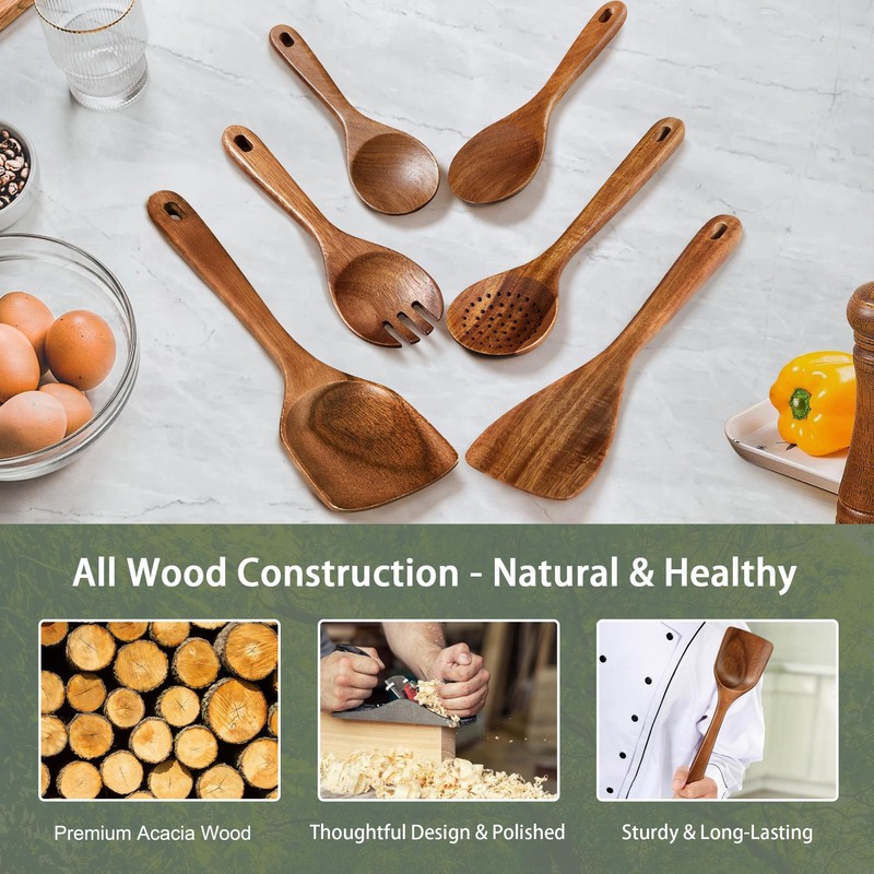 Onader Wooden Spoons for Cooking, 6Pcs Kitchen Utensils for Non-Stick