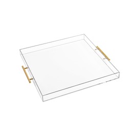 Extra Large Clear Acrylic Serving Tray (18×18 Inches) with Gold Handles Spill Proof Acrylic Over Size Big Decorative Tray Organiser for Ottoman Coffee Table Countertop