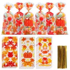 DIYASY Fall Cellophane Treat Bags,120 Pcs Autumn Maple Leaves Pumpkin Candy Bags with Twist Ties for Thanksgiving Party Favor and Holiday Goodies Wrapping