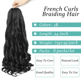 French Curl Braiding Hair, 24 Inch Curly Braiding Hair 8 Packs Bouncy French Curl Crochet Braids for Black Women Pre Stretched Loose Wavy Extensions (1B, 24Inch)