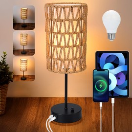 Touch Bedside Lamp for Bedroom – 3-Way Dimmable Boho Rattan & Linen Small Table Lamp with USB Port & Smart Memory for Nightstand Décor