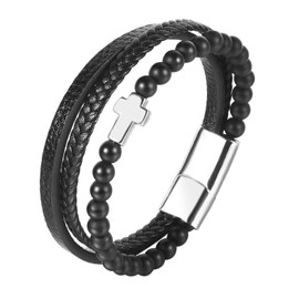 Flongo Leather Bracelet Men's Cross: Natural Stone Leather Bracelet Beads Black Silver Multilayer Cross Pendant Bracelet Men Ball Jesus Jewellery Lucky Charm Gift for Men Women Christmas, Leather