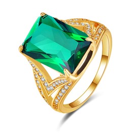 Narica Women's Classic Gold Plated Radiant Cut Created Emerald Quartz Rings Band with Simulated Diamond CZ Filled for Mom, 7#