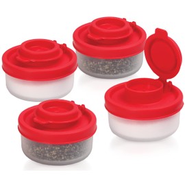 SIGNORAWARE Salt and Pepper Shakers Moisture Proof Set of 4 Small Mini Salt Shaker to go Camping Picnic Outdoors Kitchen Lunch Boxes Travel Spice Set Clear with Red Covers Plastic Airtight Dispenser