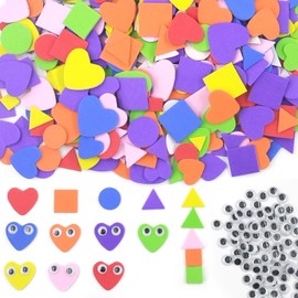 350 Pcs Foam Shapes Stickers Geometry, Assorted Colors Foam Geometric Stickers with 100Pcs Googly Eyes,Mini Self Adhesive Stickers Craft Supplies for Preschoolers Crafts Arts (7 Color,4 Shape)