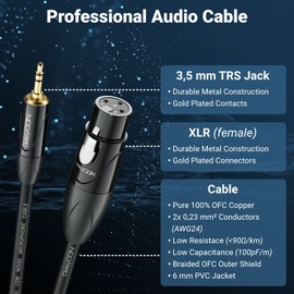 deleyCON 3.0 m XLR to 3.5 mm Jack Stereo Microphone Cable Audio Adapter Cable AUX Studio Quality Pure OFC Copper (AWG24) XLR Female to Jack 3.5 mm Male - Metal Lock