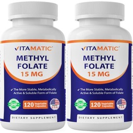 Vitamatic Methyl Folate 15mg – 120 Vegetable Capsules - 2 Pack Optimized and Activated High Potency – Metabolically Active Folate