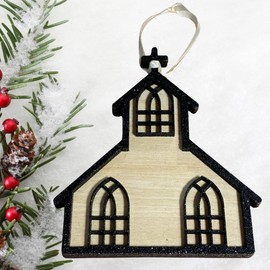 Handmade Wooden Santa in Sleigh Ornament, Camper RV Christmas Ornaments, Angel Ornament (Black Glitter Church)