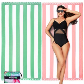 Winthome Beach Towel, 35.4 x 70.9 inches (90 x 180 cm), Large Size, Sandproof, Thin, Includes Pouch, Microfiber, Water Absorbent, Quick Drying, Lightweight, Beach Mat, Beach Mat, Beach Mat, Beach Mat, Beach Mat, Beach Mat, Beach Blanket, Beach Towel, Pool, Quick Drying Towel, Gym, Yoga Mat (Stripe Pattern (Pink+Green), 70.9 x 35.4 inches (180 inches (90 x 90 cm), 2 x 90