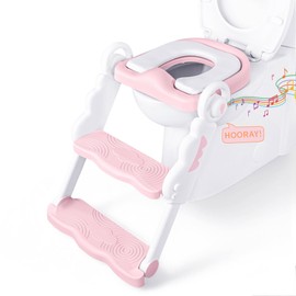 bebeleh Musical & Sound Toddler Potty Training Seat w/Step Stool Ladder - Collapsible & Adjustable Toilet, Pre Assembled Toddler Toilet Seat w/Music & Sounds - Splash Guard & Anti-Slip Steps - Pink