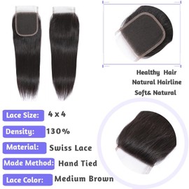 Arenshxc 4x4 Lace Closure Bresilienne Cheveux Humain Closure Bresilienne Lisse Straight Swiss Lace Free Part With Natural Hairline Baby Hair 130% Density 18 Inches