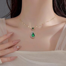 Dainty CZ Teardrop Pendant Necklace for Women Titanium Steel Delicate Round Crystal Birthstone Charms Link Chain Necklaces Adjustable Luxury Wedding Birthday Anniversary Jewelry 18" (Gold Green)