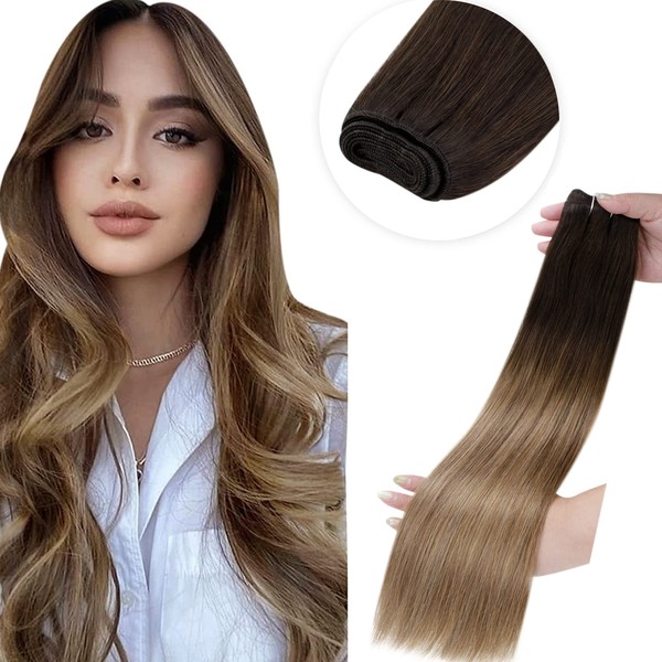 LaaVoo Real Hair Wefts Balayage Ombre Brown 14 Inches/35 cm Extensions Wefts Real Hair for Sewing Dark Brown Balayage Medium Brown Ombre Ash Blonde Remy Brown Wefts Real Hair Straight 80 g #2/6/18