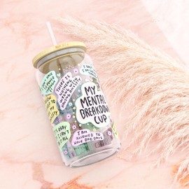 My Mental Breakdown Iced Coffee Cup [Frosted], Glass Cups with Bamboo Lids and Straws | 16 oz Mason Jar Drinking Glasses & Boba Cup | Glass Tumbler with Straw and Lid Mental Health