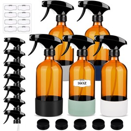 ZENOWICK 5 Pack/16 Oz Glass Spray Bottles, Refillable Empty Containers with Silicone Sleeve, Upgraded Adjustable Nozzle Spray Bottle Sets for Cleaning, Essential Oils, Hair (Amber)