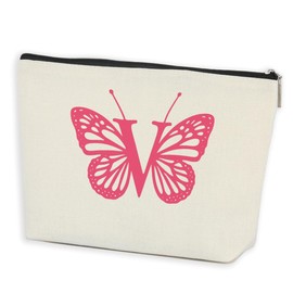 AOZHUO Initial Makeup Bags for Women Lined Monogram Cosmetic Bag Birthday Gifts for Women Girls Bridesmaid Best Friends Sisters, Travel Toiletry Bag, Pink Butterfly Letter V