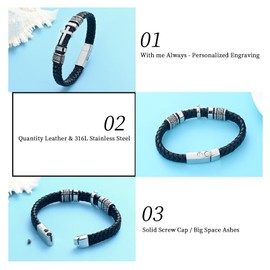 AIWENXI Cross Cremation Bracelet Jewellery Leather Bracelet Urn Bracelet for Ashes Stainless Steel Memorial Keepsake Pet Ash Holder Jewellery for Men Women, Stainless Steel, No gemstone