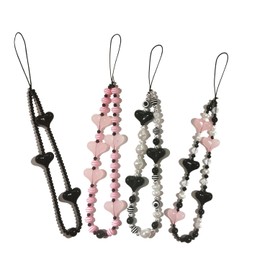 Huipalon 4 Pcs Phone Charms Beaded Phone Strap Aesthetic Keychain Cute Pink Black Butterfly Heart Beads Strap Y2k Accessories Anti Lost Charm Beads for Women Girls