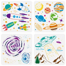 FINGERINSPIRE 4 Pcs Rocket Painting Stencil 30x30cm Reusable Outer Space Planet Pattern Drawing Template DIY Galaxy Black Hole UFO Decoration Stencil for Painting on Wood Wall Fabric Furniture