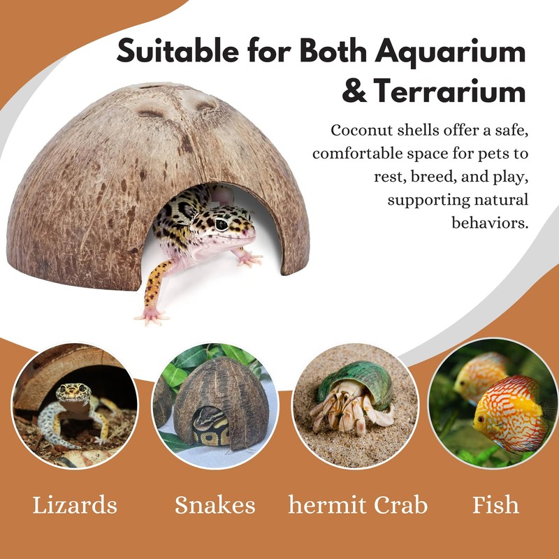 Favozio Natural Coconut Shell Hideout Cave, 5" Aquarium Fish &