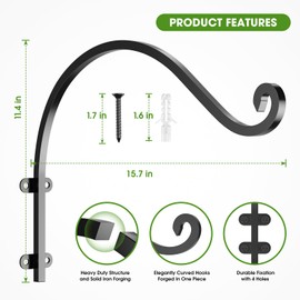 EPHECH 2Pack Heavy Duty Plant Hanger Hook for Outdoor and Indoor, 16Inch Wall Hanging Basket Bracket, Black Metal Outdoor Hanging Bracket for Hanging Flower Pot Bird Feeder Lanterns