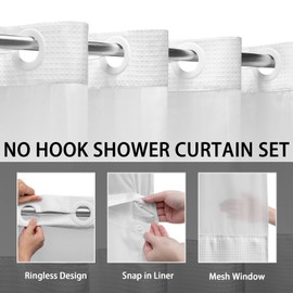 FUWEN Cortina de Baño sin Gancho con Forro a Presión 183x190cm, Cortina de Ducha Tipo Gofre, Cortina Regadera Antimoho y Impermeable, Duradero, Fácil de Instalar, para Hogar, Hotel, Ducha