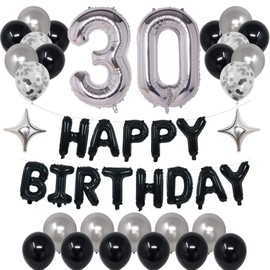 NANINUNENO 30th Black Silver Birthday Party Decorations for Men Women, Happy 30 Birthday Party Supplies with Black Happy Birthday Banner,30 Number Balloons, Silver Foil Stars, Happy Birthday Balloons for 30th Birthday