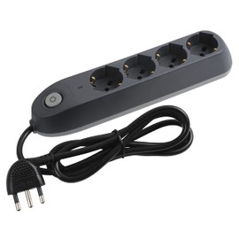 Bticino Poker Multiple Socket, 4 Universal Sockets, Schuko Two-Pass German Standard, On and Off Switch, Lightning Protection, 1.5 m Cable with Space-Saving Plug, Grey