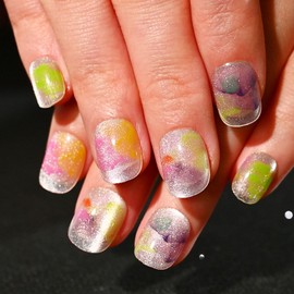 Sethexy Squoval Press on Nails Short - Cat Eye, Ink Painting Design Acrylic Fake Nails for Women 15 Sizes - 30 Pcs Soft Gel Nails Kit with Glue