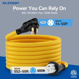 ELEGRP 50 Amp Generator RV Extension Cord 15 FT, 4 Prong NEMA 14-50P to NEMA SS2-50R Twist Lock, Heavy Duty 6/3+8/1 Gauge STW Locking Power Cord for RV Camper and Generator to House, ETL Listed