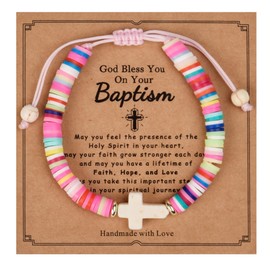 Veerady Cross Bracelet First Communion Baptism Confirmation Gift for Daughter Niece Granddaughter (Baptism Rainbow White)