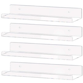 Weiai Clear Acrylic Shelf 15" Invisible Floating Wall Ledge Bookshelf, Kids Book Display Shelves Wall Mounted (15 Inch 4Pack)