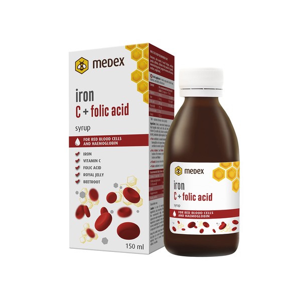 Medex Eisen C + Folsäure Sirup, 74% honigbasiert - 142 g Honig in der Flasche, ausgezeichneter Geschmack, Vitamin C, Folsäure, Gelée Royale, Propolis, Rote Bete Saft, 150 ml