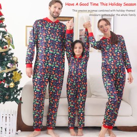 ANGELGGH Family Matching Christmas Onesie, Cute Vacation Dinosaur Print One Piece Pajamas, Hooded Holiday Sleepwear Nightwear (Men, M, Xmas Dinosaur)