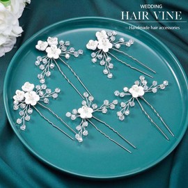 Kesvb Flower Bride Wedding Hair Pins Silver Rhinestone Hair Pieces Bridal Hair Accessories for Women (Pack of 5)