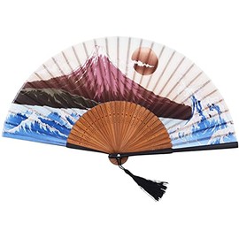 1SourceTek Rising Sun Landscape 8.27"(21cm) Folding Hand Held Fan - with a Fabric Sleeve Protection For Gifts - Japanese Vintage Retro Style