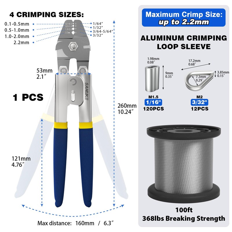 Sanuke Wire Rope Crimping Tool Kit, 100FT 1/16" Stainless Steel