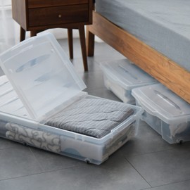 Citylife 57 QT Plastic Under Bed Storage Bins with Double-opening Lids Clear Underbed Storage Containers with Wheels for Organizing Shoes, Blankets, Clothes