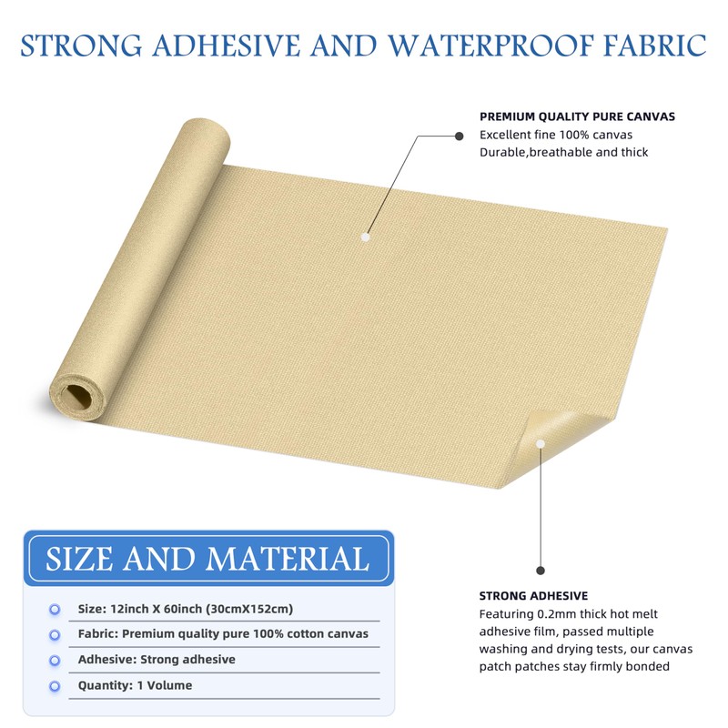 KING MOUNTAIN Canvas Iron on Patch,12"×60",Waterproof 100% Cotton Fabric Repair