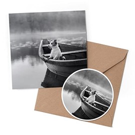 1 x Greeting Card & 10 cm Round Sticker Set - BW - Jack Russell Dog Fishing Boat Puppy - Birthday Thank You Friend Lover Fan Mum Dad Kids #42262