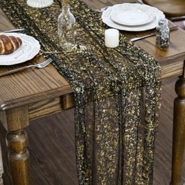 Artoid Mode Black Gold Gauze Table Runner 120 Inch 10FT, Glitter Metallic Foil Sheer Chiffon Cheesecloth Dining Wedding Anniversary Holiday Birthday Table Decor for Home Party