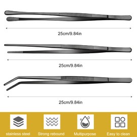 Orssmigs Pack of 3 Kitchen Tweezers Cooking Tweezers Barbecue Tweezers Precision Serrated Tips Stainless Steel BBQ Sausages Kitchen Tongs for Grilling, Coating and Serving Tweezers Kitchen (Black)
