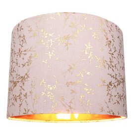 Modern Soft Pink Cotton Fabric 10" Lamp Shade with Gold Foil Floral Decoration Suitable for Table or Ceiling Usage | 25cm Diameter | 60w Maximum by Happy Homewares