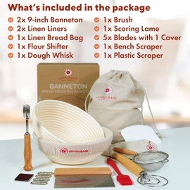 Bread Proofing Basket- 9-Inch Round Banneton Set Of 2- Sourdough Bread Baking Supplies complete tools- Dough Proofing Basket for Fermentation- With Linen Bread Bag + 16 Included Accessories For A Gift