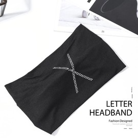 CAKURE Letters Crystal Headband Rhinestone Black Head Wraps Wide Knotted Head Band Turban Party Night Club Hairbands Glittery Hair Accessories for Women and Girls (X, Black)