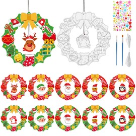 Landifor Pack of 12 Christmas Wreaths Craft Set Children's Christmas Wreath for Painting Santa Claus Pendant Christmas Decoration Wreaths Christmas Door Wreath with Painting Brush for Girls Boys DIY